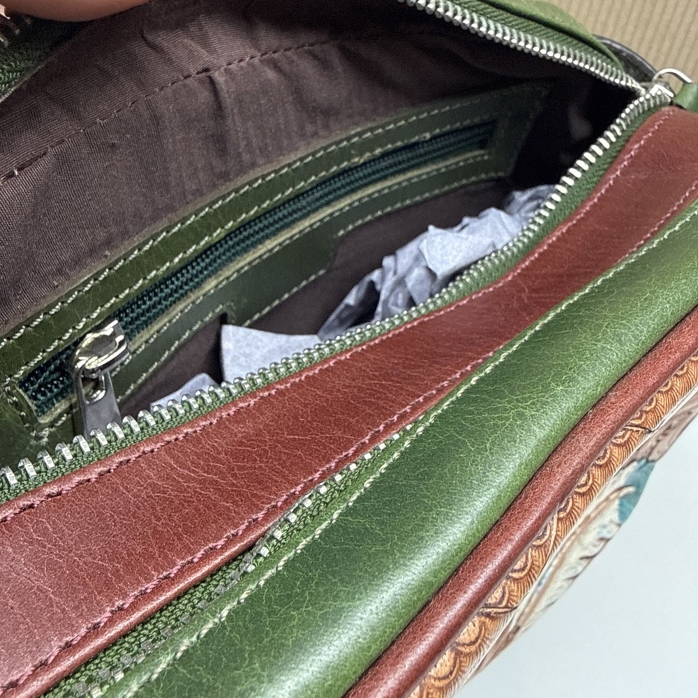 SVK Western Crossbody Embossed Leather Brown Green Blue Feather Accent - Picture 8 of 8